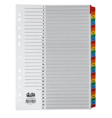 Kartonregister Mylar 083-0464-001, 1 bis 31, A4, 170 g/m&sup2;, farbige Taben, 31-teilig