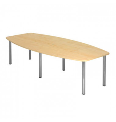 Konferenztisch, manuell höhenverstellbar 72-74cm (H), 280cmx85-130cm (BxT), 10 Personen, Tonnenform, ahorn / chrom
