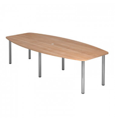 Konferenztisch VKT, manuell h&ouml;henverstellbar 72-74cm (H), 280x85-130cm (BxT), 10 Personen, Tonnenform, nussbaum / chrom