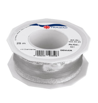 Geschenkband Denver Acetatband mit Drahtkante 40mm x 25m silber Geschenkband Denver Acetatband mit Drahtkante 40mm x 25m silber