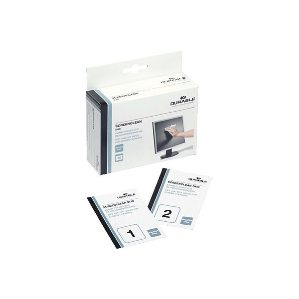 4005546501505 - DURABLE 10 einzeln verpackte Feucht- und Trockentücher für die streifenfreie Reinigung von Bildschirmen und Displays