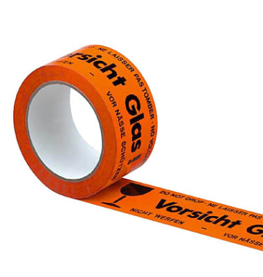 Signalpackband 100052, Vorsicht Glas, 50mm x 66m, PP, leise abrollbar, orange/schwarz