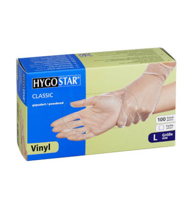 Einweghandschuhe Hygostar Classic, Vinyl, lebensmittelecht, transparent, Größe 9 / L,