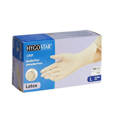 Einweghandschuhe Hygostar Grip, Latex, lebensmittelecht, weiß, Größe 9 / L,