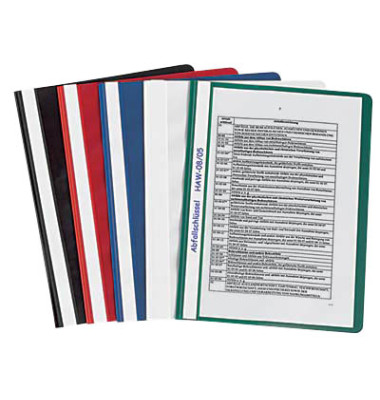 Schnellhefter 014-0464-002, A4, 10x schwarz/rot/dunkelblau/weiß und grün, Kunststoff, Vorderdeckel transparent
