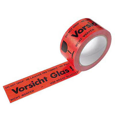Signalpackband 100338, Vorsicht Glas, 50mm x 66m, 55my, rot/schwarz