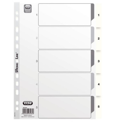 Kunststoffregister 400013946, 1 bis 5, A4, 150µm, weiße Taben, 5-teilig