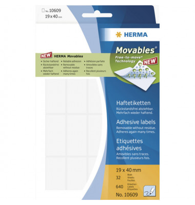 Etiketten Movables 10609, wei&szlig;, 19x40mm, rechteckig