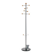 Garderobenständer Modell II 2807, mit 8 Haken, mit Schirmständer, Metall, Holz, silber
