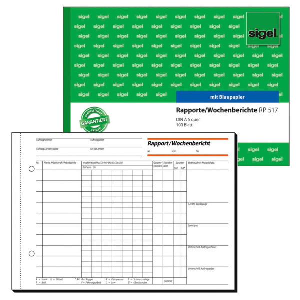 Sigel Formularbuch Rapport/Wochenbericht Nr. RP517 A5 quer 1-fach -  Bürobedarf Thüringen