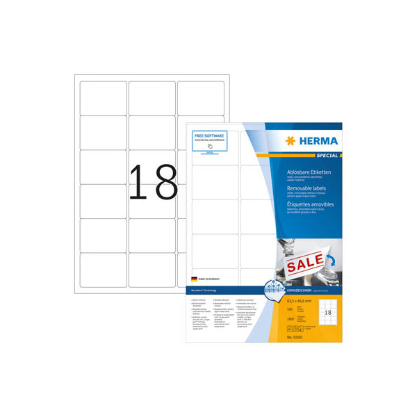 4008705103022 - HERMA Ablösbare Etiketten A4 635x466 mm weiß Movables ablösbar Papier matt 1800 St - Weiß - Abgerundetes Rechteck - Entfernbar - Papier - Matte - Laser Inkjet