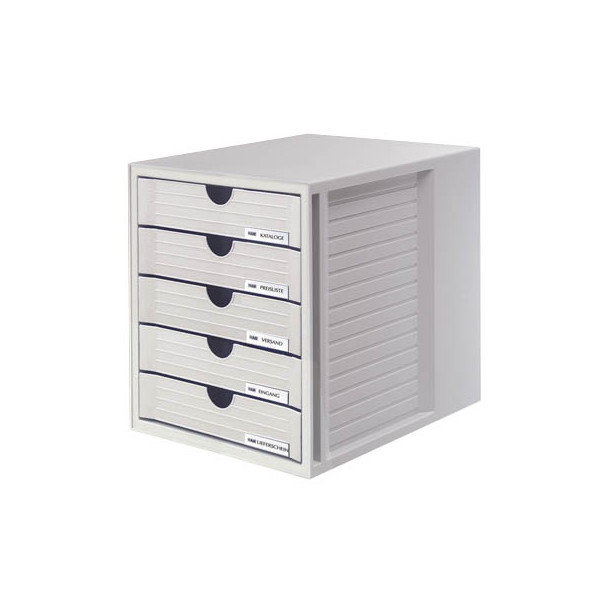 4012473145030 - - Schubladenbox systembox 5 Schubladen din C4 Polystyrol Gehäusefarbe lichtgrau Farbe der Schublade lichtgrau