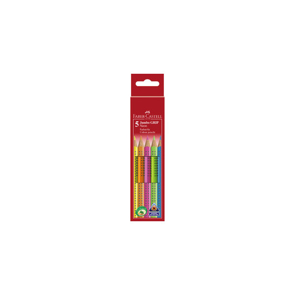 Faber-Castell Buntstifte-Set Jumbo Grip Neon 110994, gelb/orange/rosa/blau/grün, 3-Kant-Schaft, Etui 4005401109945 Faber-Castell 5 Stück