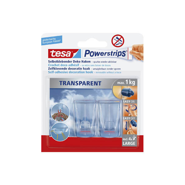 Tesa Klebehaken Powerstrips TRANSPARENT, 58813-00000-20, bis 1kg, transparent 4042448228222 Tesa 2 Stück