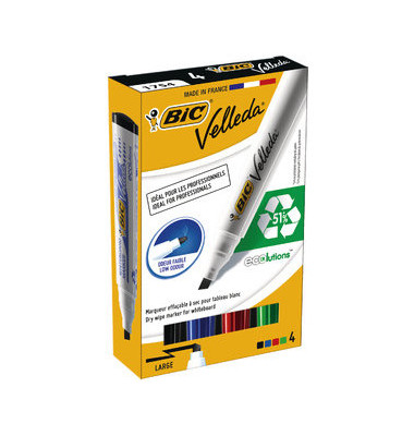 Boardmarker Velleda ECOlutions, 904950, Etui, 4-farbig sortiert, 3,7-5,5mm Keilspitze