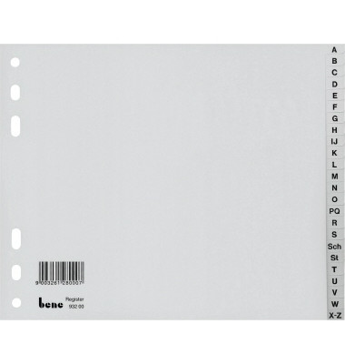 Kunststoffregister 93220, A bis Z, A4 halbe Höhe, 120µm, graue Taben, 20-teilig