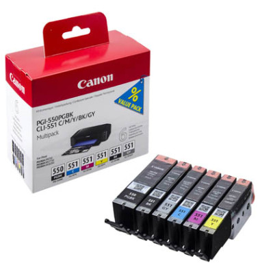 Druckerpatrone PGI-550 PGBK + CLI-551 BK/C/M/Y/GY 6496B005 (PGI-550), 2x schwarz/cyan/magenta/gelb/grau, ca. 2 x 300 Seiten schw