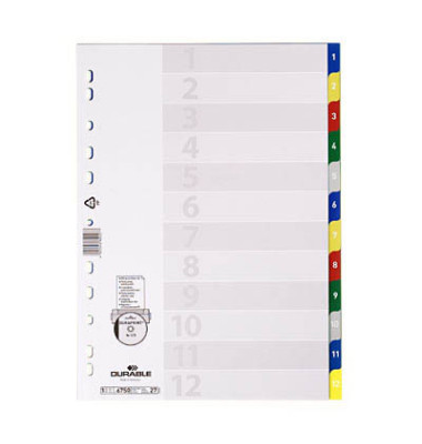 Kunststoffregister mit farbigen Taben 675027, 1 bis 12, A4, 120µm, farbige Taben, 12-teilig