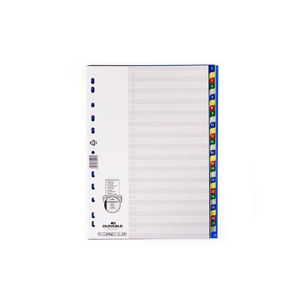 Durable Kunststoffregister mit farbigen Taben 6756.27, 1 bis 31, A4, 120µm, farbige Taben, 31-teilig 4005546600482 Durable