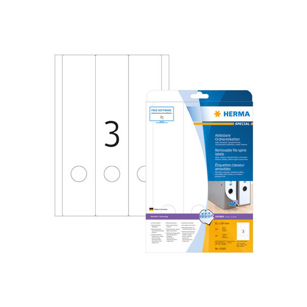 4008705101851 - HERMA Ablösbare Ordneretiketten A4 61x297 mm weiß Movables ablösbar Papier matt blickdicht 75 St - Weiß - Selbstklebendes Druckeretikett - A4 - Papier - Laser Inkjet - Entfernbar