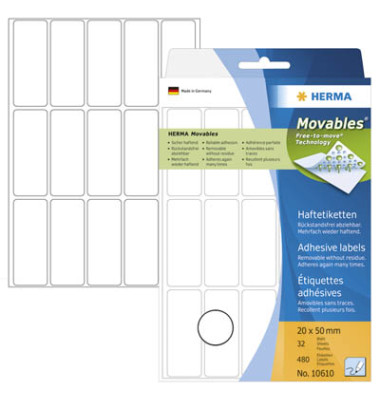 Etiketten Movables 10610, weiß 20x50mm, rechteckig, 