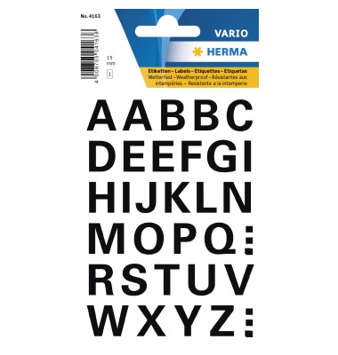 4163 Buchstaben 15 mm A-Z wetterfest Folie schwarz 1 Bl. 4163 Buchstaben 15 mm A-Z wetterfest Folie schwarz 1 Bl.