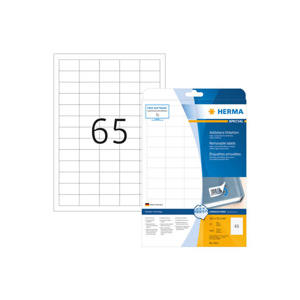 4008705042123 - HERMA Ablösbare Etiketten A4 381x212 mm weiß Movables ablösbar Papier matt 1625 St - Weiß - Selbstklebendes Druckeretikett - A4 - Papier - Laser Inkjet - Entfernbar