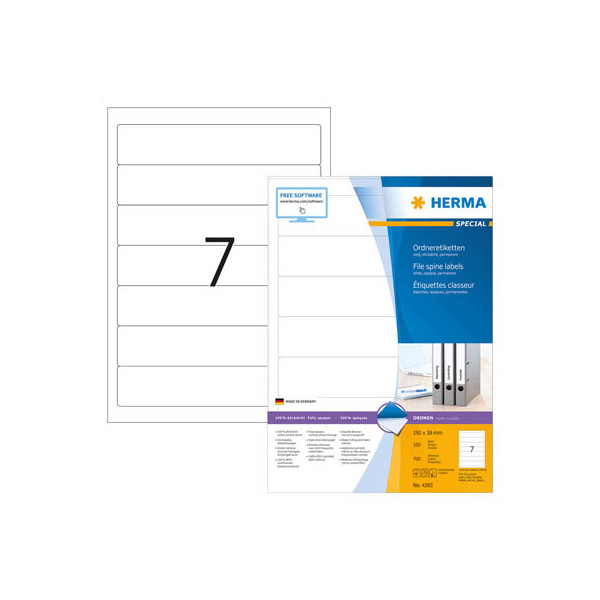 4008705042833 - selbstklebende Rückenschilder A4 Etiketten 4283 weiß schmal kurz 38x192mm (BxH) selbstklebend permanent  4008705042833 700 Stück