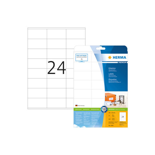 4008705043601 - 4360 Etiketten Prem Etiketten weiß 70x36 25 Blatt DIN A4 600 Stück   4360 4360 4008705043601