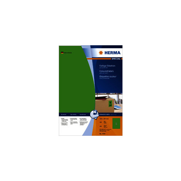4008705044042 - HERMA Farbige Etiketten A4 210x297 mm grün Papier matt 100 St - Grün - Selbstklebendes Druckeretikett - A4 - Papier - Laser Inkjet - Dauerhaft