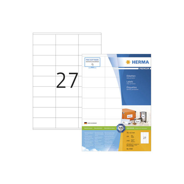 4008705044509 - Universaletiketten HERMA 4450 permanenthaftend selbstklebend bedruckbar B 70 x H 32 mm FSC®-Papier weiß 2700 Stück 100 Blatt