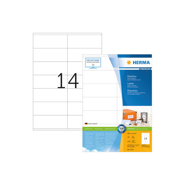 4008705044752 - HERMA Etiketten Premium A4 105x41 mm weiß Papier matt 1400 St - Weiß - Rechteck - Dauerhaft - Papier - Matte - Laser Inkjet