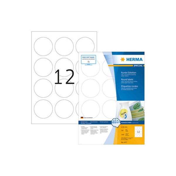 4008705044776 - Universaletiketten Special 4477 weiß rund Ø 60mm wiederablösbar 1200 Stück  4008705044776 100 Blatt