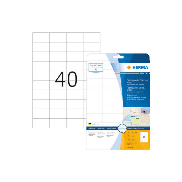 4008705046848 - HERMA Etiketten transparent matt A4 525x297 mm Folie 1000 St - Transparent - Selbstklebendes Druckeretikett - A4 - Laser - Dauerhaft - Matte
