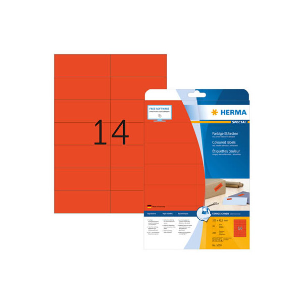 4008705050593 - HERMA Farbige Etiketten A4 105x423 mm rot Papier matt 280 St - Rot - Selbstklebendes Druckeretikett - A4 - Papier - Laser Inkjet - Entfernbar