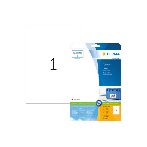 4008705050654 - HERMA Etiketten Premium A4 210x297 mm weiß Papier matt 25 St - Weiß - Selbstklebendes Druckeretikett - A4 - Papier - Laser Inkjet - Dauerhaft