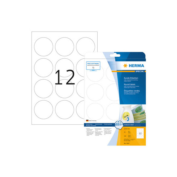 4008705050678 - ablösbare Etiketten Nr 5067 rund Ø 60 mm selbstklebend bedruckbar Papier weiß 300 Stück auf 25 Blatt