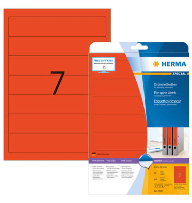 selbstklebende Rückenschilder A4 Etiketten 5092 rot schmal/kurz 38x192mm (BxH) selbstklebend permanent 