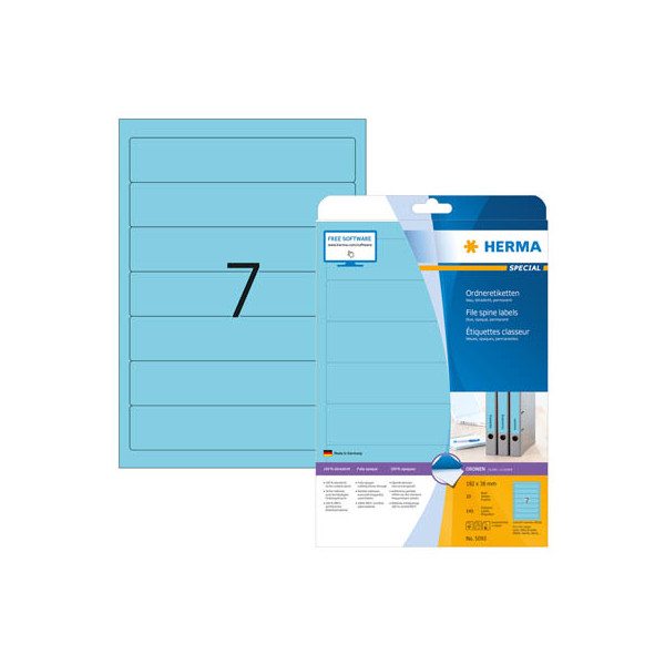 4008705050937 - selbstklebende Rückenschilder A4 Etiketten 5093 blau schmal kurz 38x192mm (BxH) selbstklebend  4008705050937 140 Stück