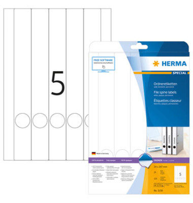 selbstklebende Rückenschilder A4 Etiketten 5158 weiß schmal/lang 34x297mm (BxH) selbstklebend permanent 
