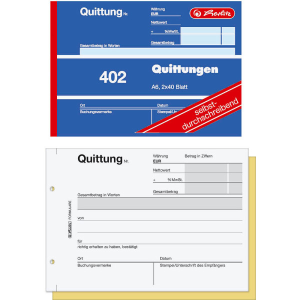 10 Stück Herlitz 402 Quittungsblock A6 2 x 40 Blatt selbstdurchschreibend 886622 4008110886626 Herlitz