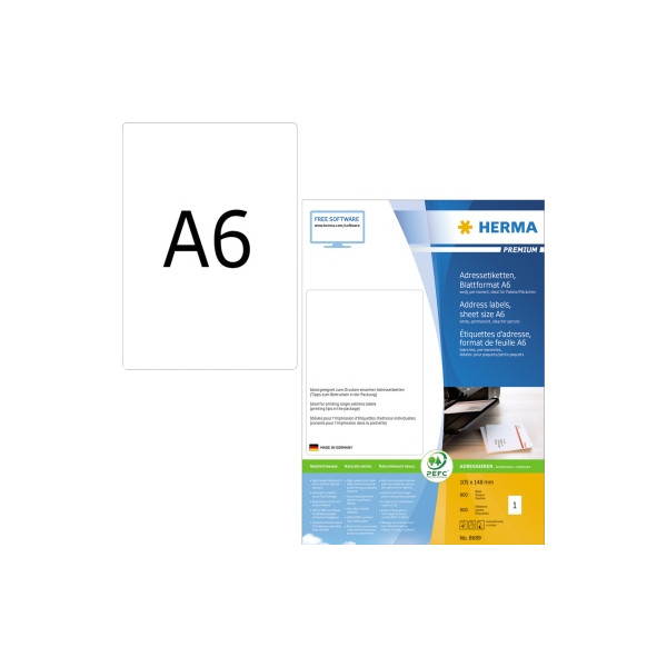 4008705086899 - Premium-Adressetiketten Nr 8689 105 x 148 mm selbstklebend permanenthaftend bedruckbar Papier weiß 800 Stück auf 800 Blatt
