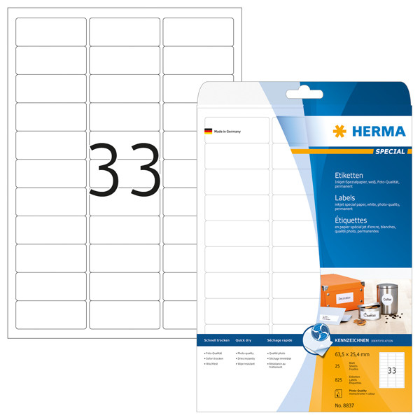 4008705088374 - HERMA Inkjet-Etiketten A4 635x254 mm weiß Papier matt 825 St - Weiß - Selbstklebendes Druckeretikett - A4 - Papier - Tintenstrahl - Dauerhaft