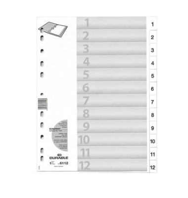 Kunststoffregister 6112 02, 1 bis 12, A4, 120µm, weiße Taben, 12-teilig