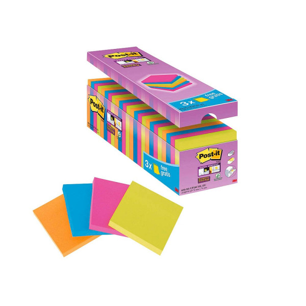 0051141984063 - Post-it Super Sticky Notes Haftnotizen 76 x 76 mm Farbig sortiert 90 Blatt Vorteilspack 21 Blöcke + 3 GRATIS