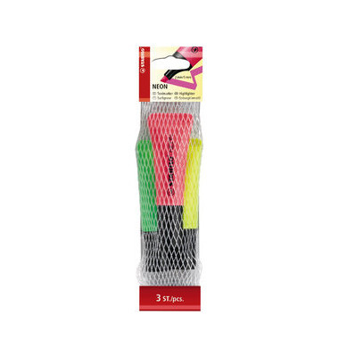 Textmarker-Set STABILO Neon, 72/3-1, Etui (Netz mit 3 Stiften), farbig sortiert (gelb/gr&uuml;n/pink), 2-5mm Keilspitze