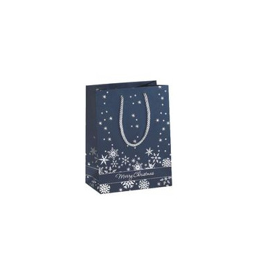 Geschenktasche GT111 Silver Snowflakes, Weihnachten, mit Tragekordel, &bdquo;Merry Christmas&ldquo; / Flocken, 17,5cm x 23cm