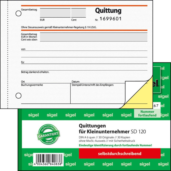 4004360840838 - SIGEL Quittung für Kleinunternehmer (ohne MwSt-Ausweis) Formularbuch SD120 1 St