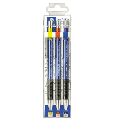 Druckbleistift-Set Mars micro, 775 SC WP3, 3x blau, 0,3mm+0,5mm+0,7mm, HB