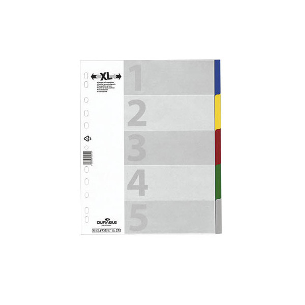 20 Stück Durable Kunststoffregister 6737.27, 5-teilig blanko, A4+, 120µm, farbige Taben, 5-teilig 4005546600512 Durable